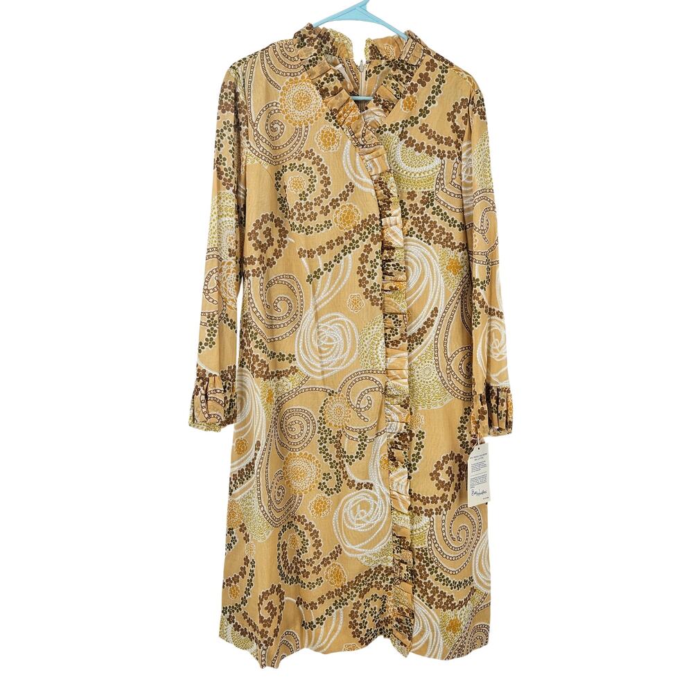 Vintage 60s Betty Hartford Ruffle Shirt Dress Yellow Paisley Deadstock NWT Sz 2